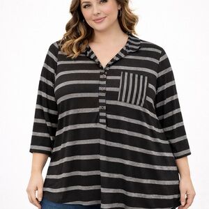 Plus Size 3X Black Gray Colorblock Mixed Stripe Tunic Blouse